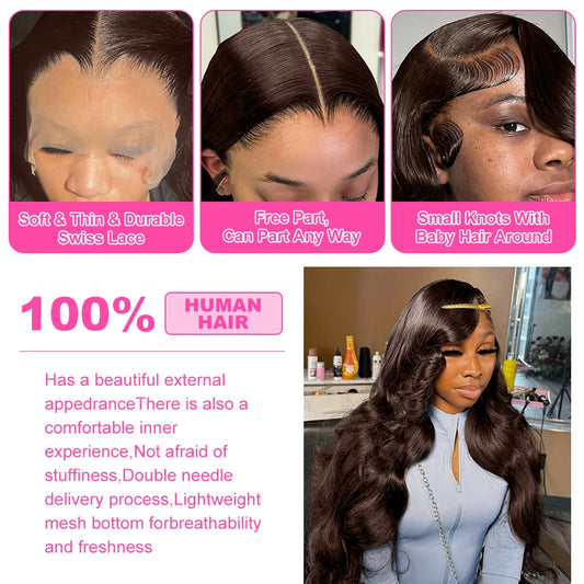 Perruque Body Wave Marron Chocolat – 36/38/40 Pouces, Lace Front HD 13x6