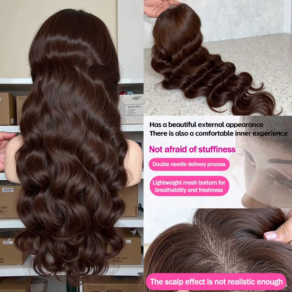 Perruque Body Wave Marron Chocolat – 36/38/40 Pouces, Lace Front HD 13x6