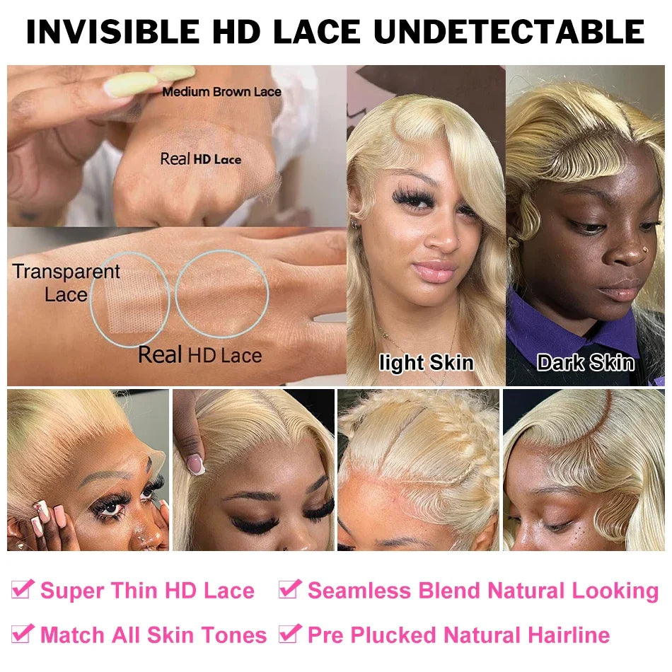 Perruque Brésilienne 30–32’’ Blond 613 Body Wave – HD Lace 250 %
