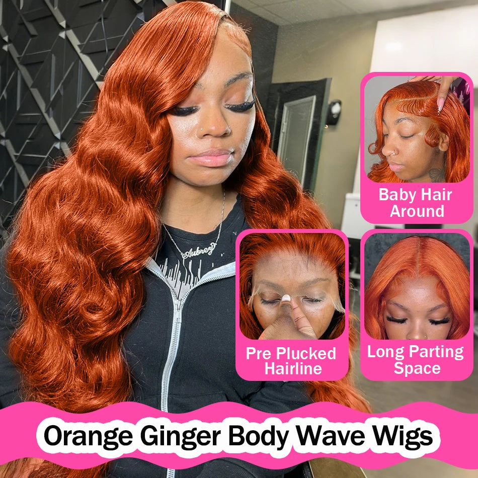 Perruque Body Wave Orange Ginger 30/32 Pouces – Lace Front HD 13x6