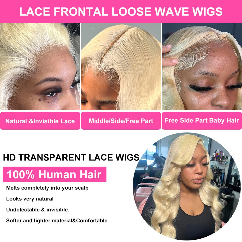 Perruque Brésilienne 30–32’’ Blond 613 Body Wave – HD Lace 250 %