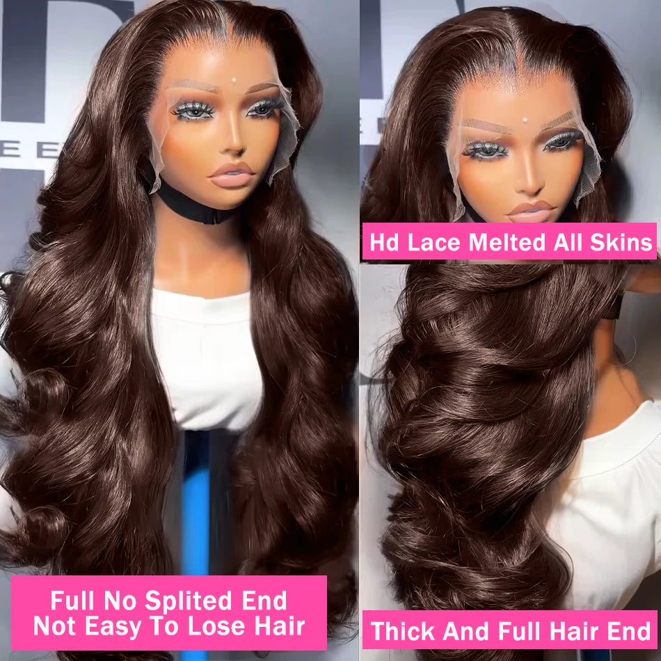 Perruque Body Wave Marron Chocolat – 36/38/40 Pouces, Lace Front HD 13x6