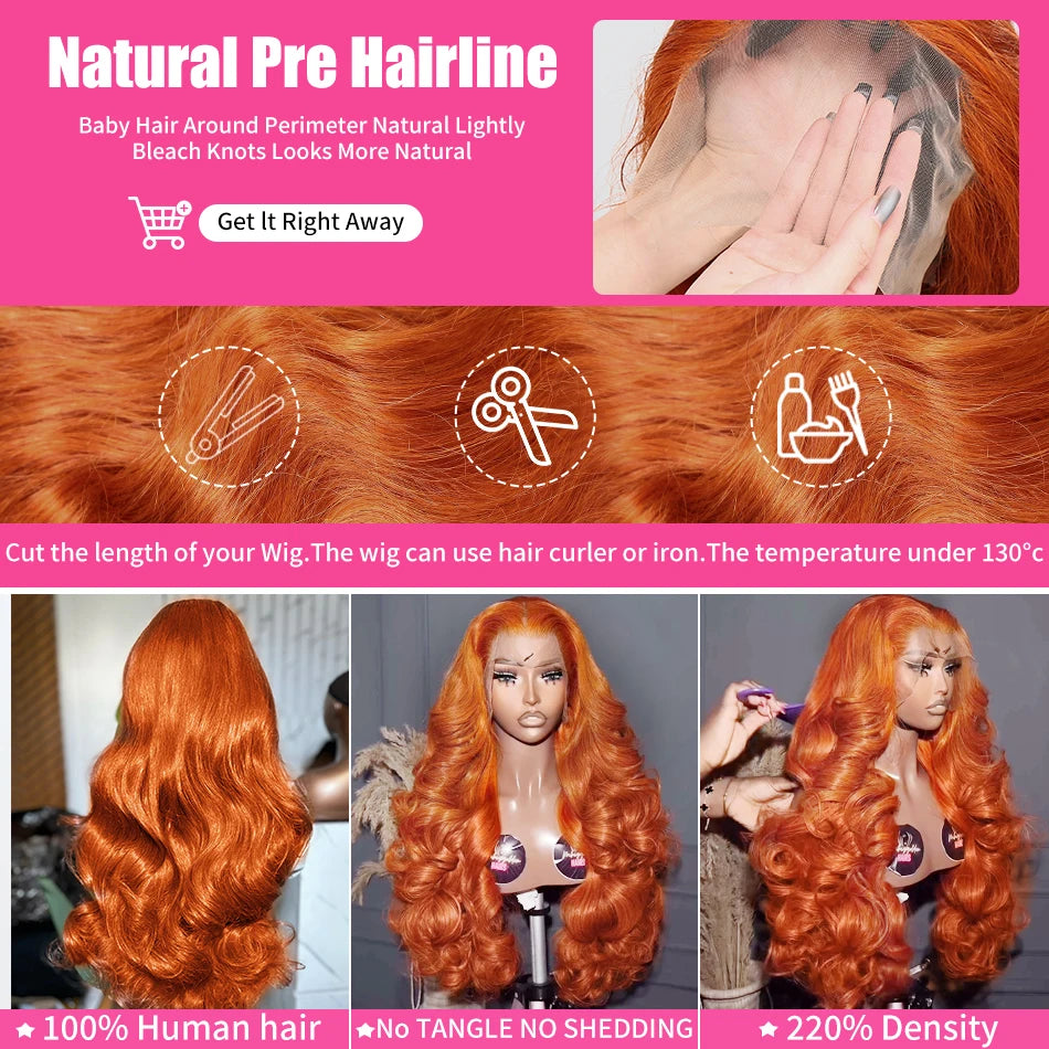 Perruque Body Wave Orange Ginger 30/32 Pouces – Lace Front HD 13x6
